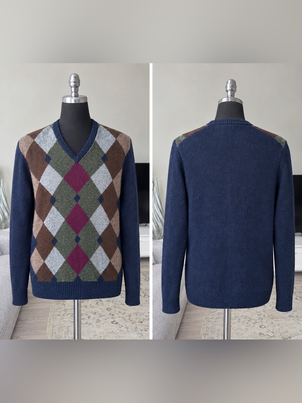 Vintage NorthFields Scotland Lambswool Argyle V Neck Sweater Mens L Austria